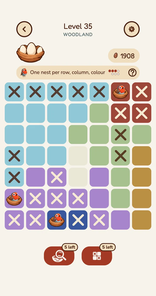 A robin level in Nyth, part solved: three nests placed and squares crossed off