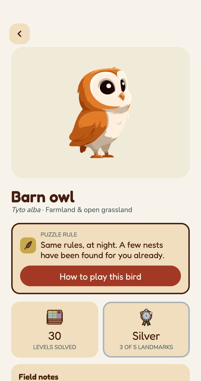The barn owl’s page in the Nyth Journal, with its rule and field notes