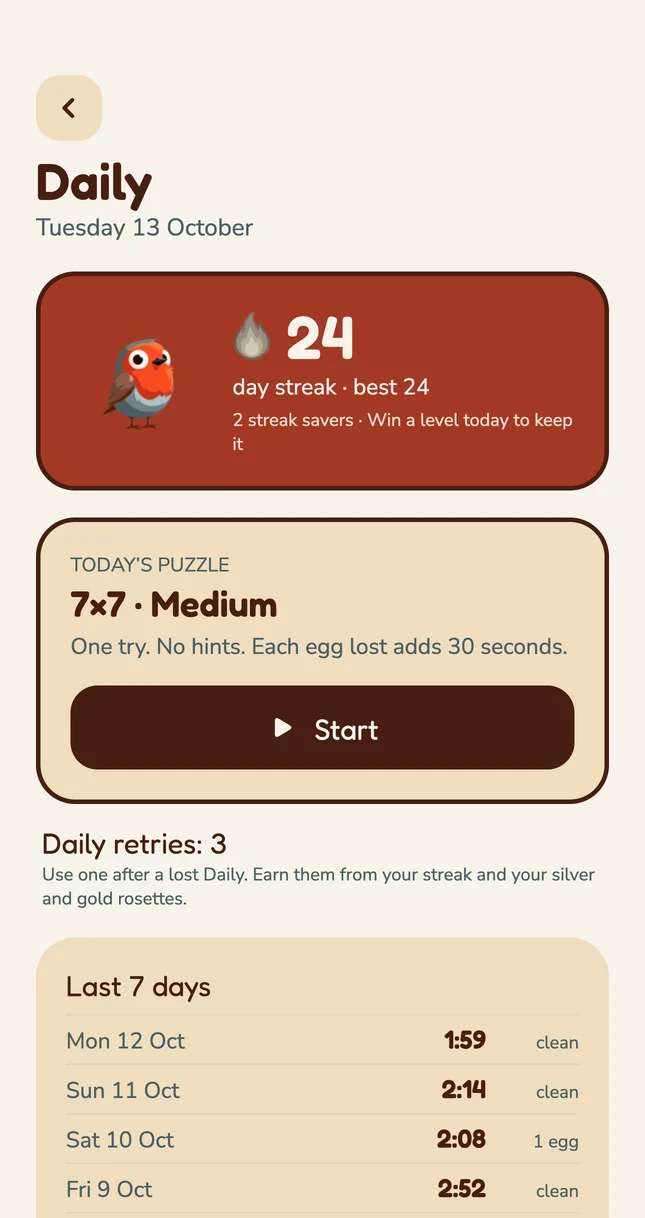 The Daily puzzle screen in Nyth, with a streak and today’s puzzle