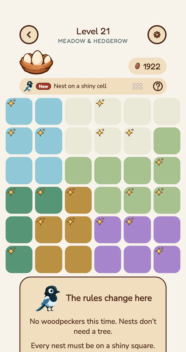 The card that introduces the magpie’s rule in Nyth: every nest on a shiny square