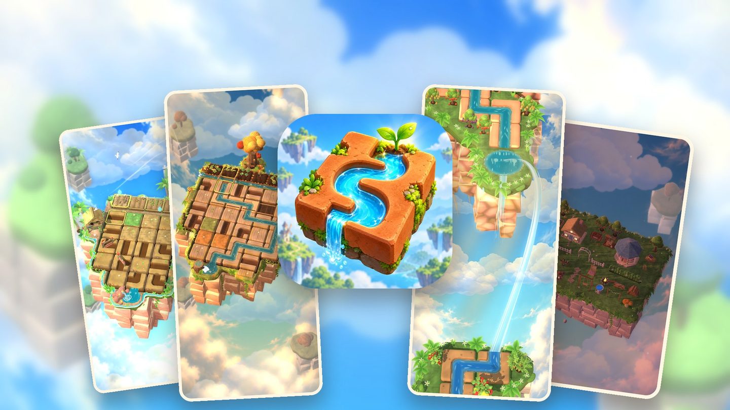 Screenshots of Little Waterways: puzzle islands and gardens floating in a sunny sky