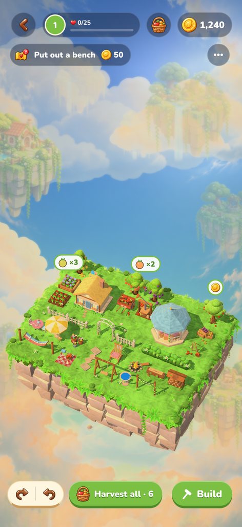 A decorated island with a cottage and garden