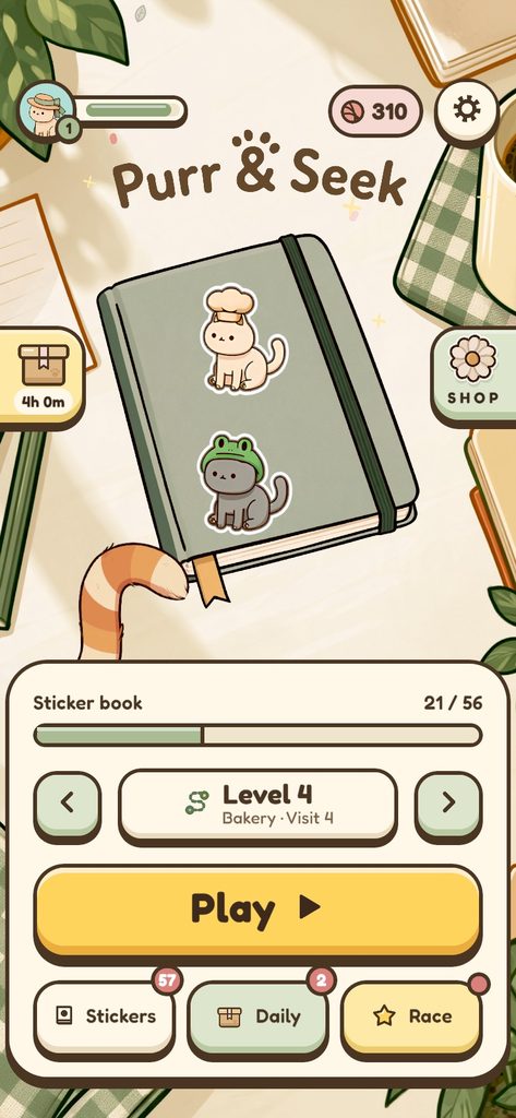 The Purr & Seek home screen, with the sticker journal and a Play button