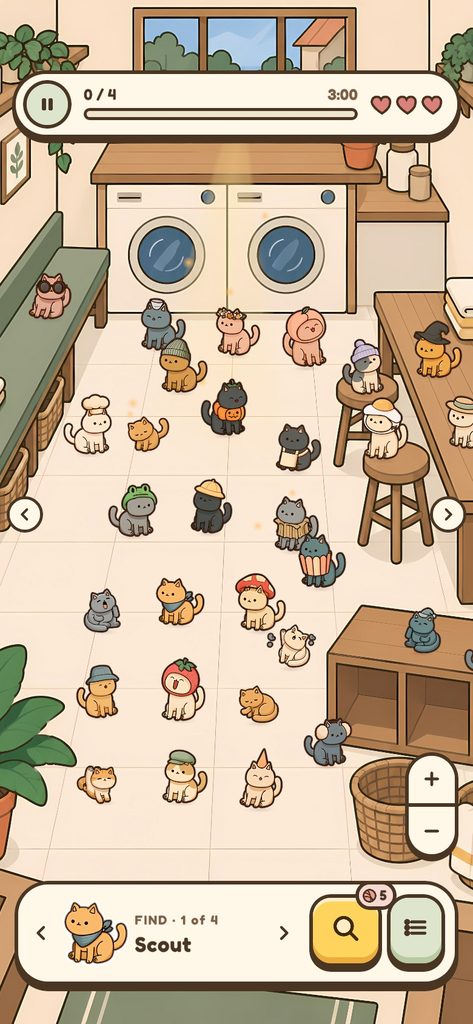 A level in play: a laundry room full of cats, with the cat to find shown at the bottom