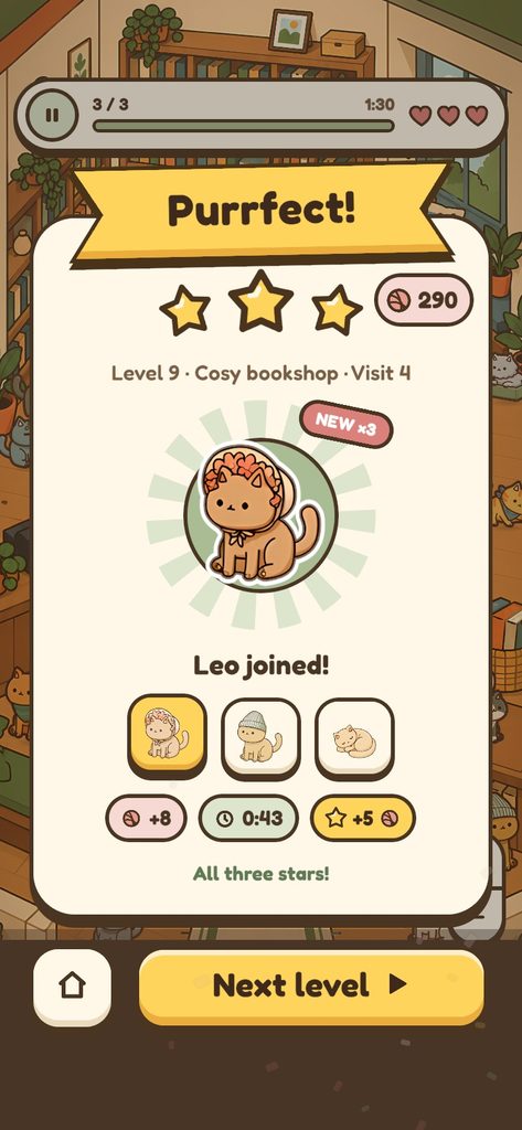 The level complete card with three stars
