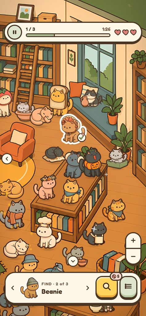 A level in the cosy bookshop, with a found cat outlined like a sticker
