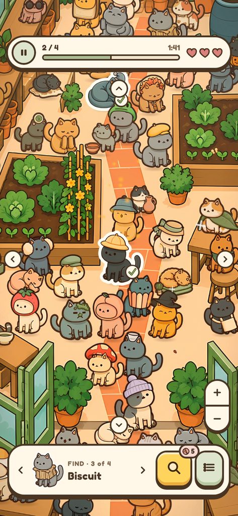 A level in the greenhouse, cats crowded between the vegetable beds
