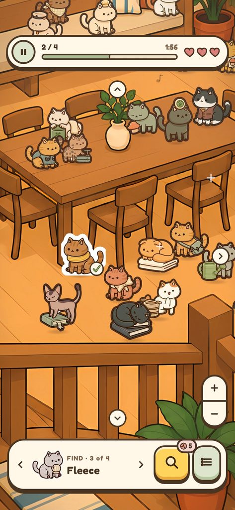A level in the winter cabin, cats sitting on the big table