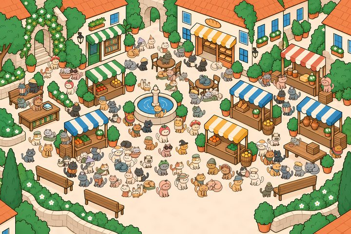 A village market square crowded with cats
